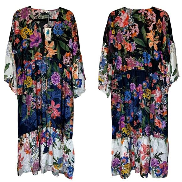 Johnny Was Neon Jungle Mix Tiered Floral Maxi Dress Cotton Silk Size Medium NWT - Picture 2 of 10